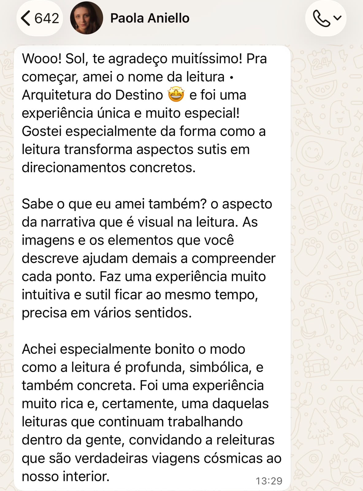 Captura do depoimento de Paola sobre a Arquitetura do Destino