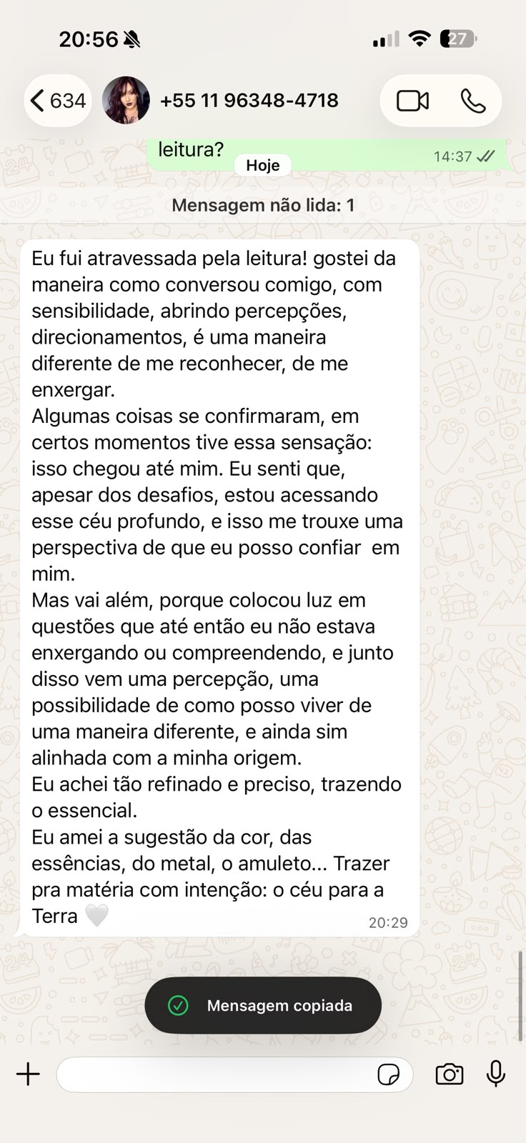 Captura do depoimento sobre a leitura trazer novas percepções e confiança